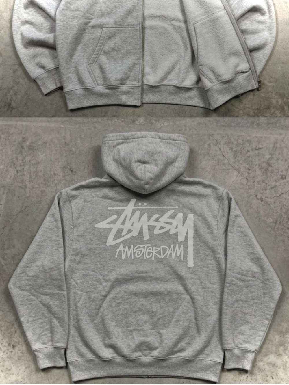 🆕 STUSSY AMSTERDAM Hoodie Full Zip Heather Gray stussy Script Logo NWOT Medium